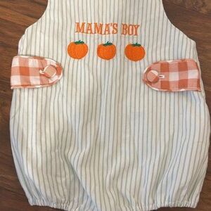 Mama's Boy Pumpkin Embroidered Striped One-Piece for Kids - Orange Accent